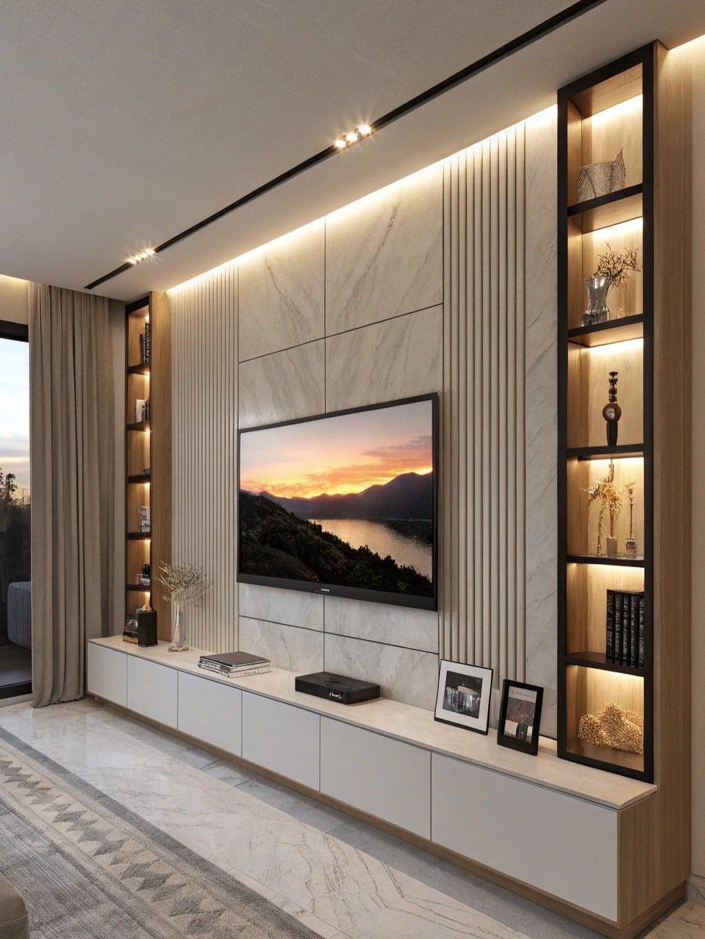 A modern built-in entertainment unit with marble panels, wood slats, and integrated shelving surrounding a television.