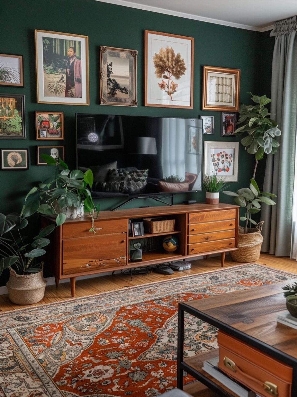 Framed art pieces arranged in a gallery style around a television on a dark green wall.
