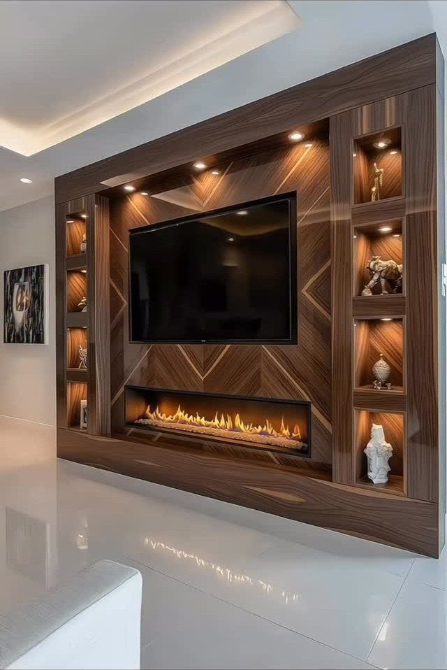 A dark wood built-in entertainment unit with a television and a linear fireplace.