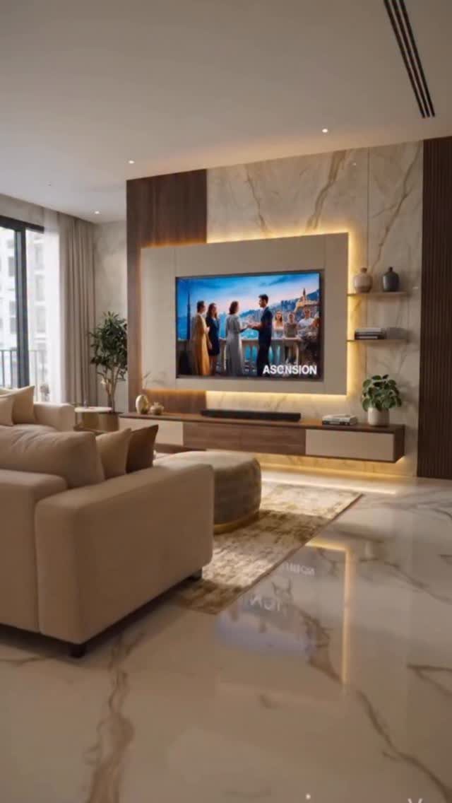 Television mounted on a marble and wood slat accent wall with warm LED lighting.