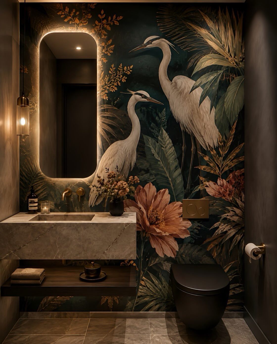 A small bathroom with dark tropical heron wallpaper, a stone sink, and an oval mirror.