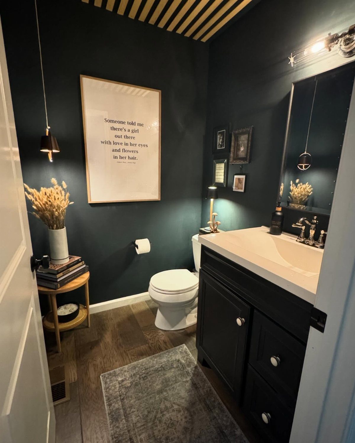 Dark navy blue walls in a small bathroom with a white toilet and dark vanity.