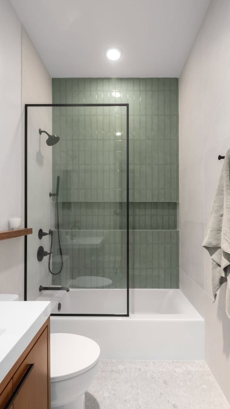 Sage green vertical tiles covering the wall of a modern white bathroom shower area.