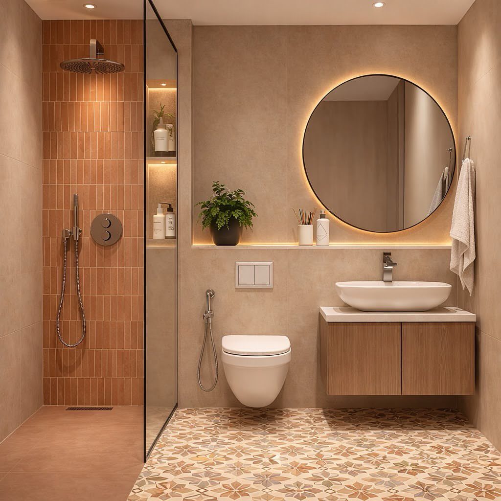 Modern bathroom with terracotta shower tiles, a backlit round mirror, and patterned floor tiles.