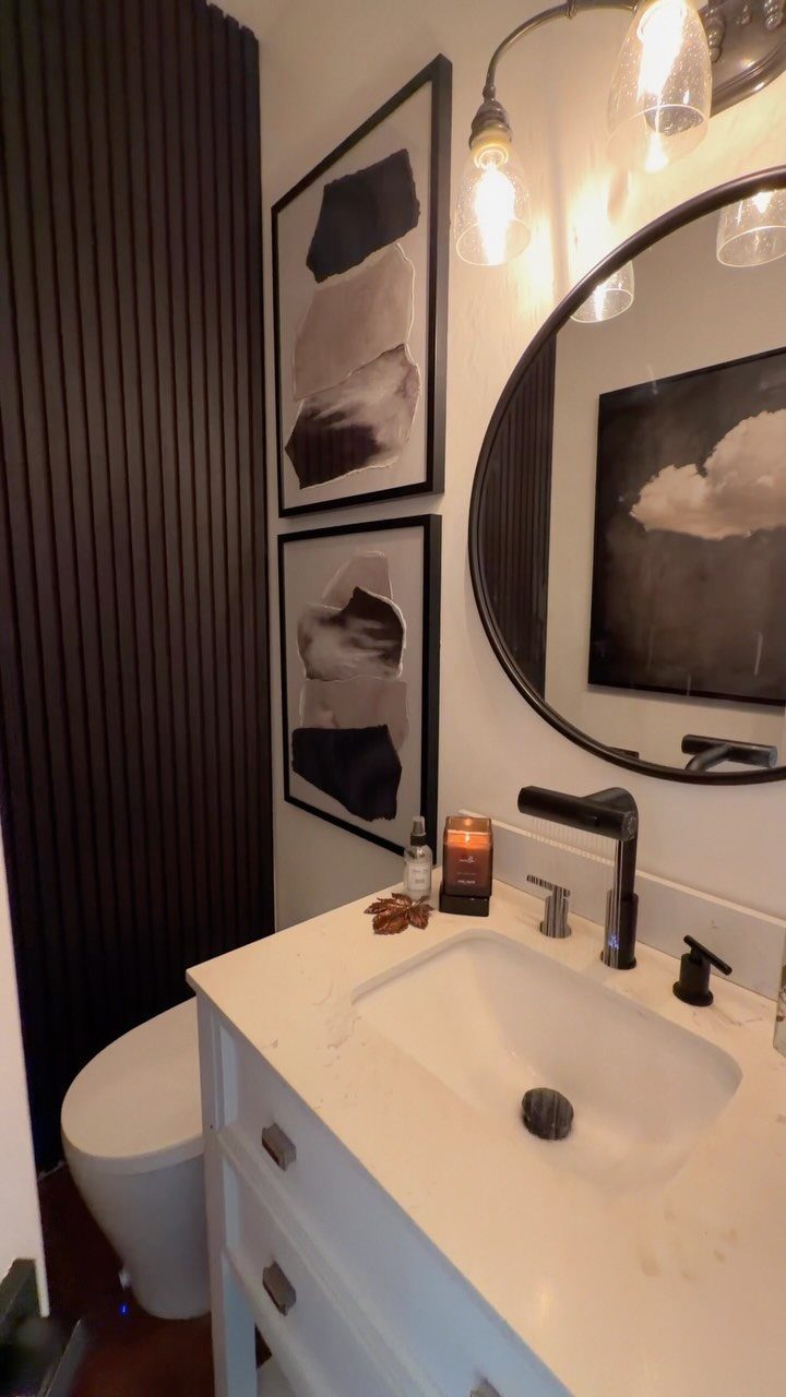 Dark vertical wood paneling accent wall in a small bathroom with a white vanity and mirror.