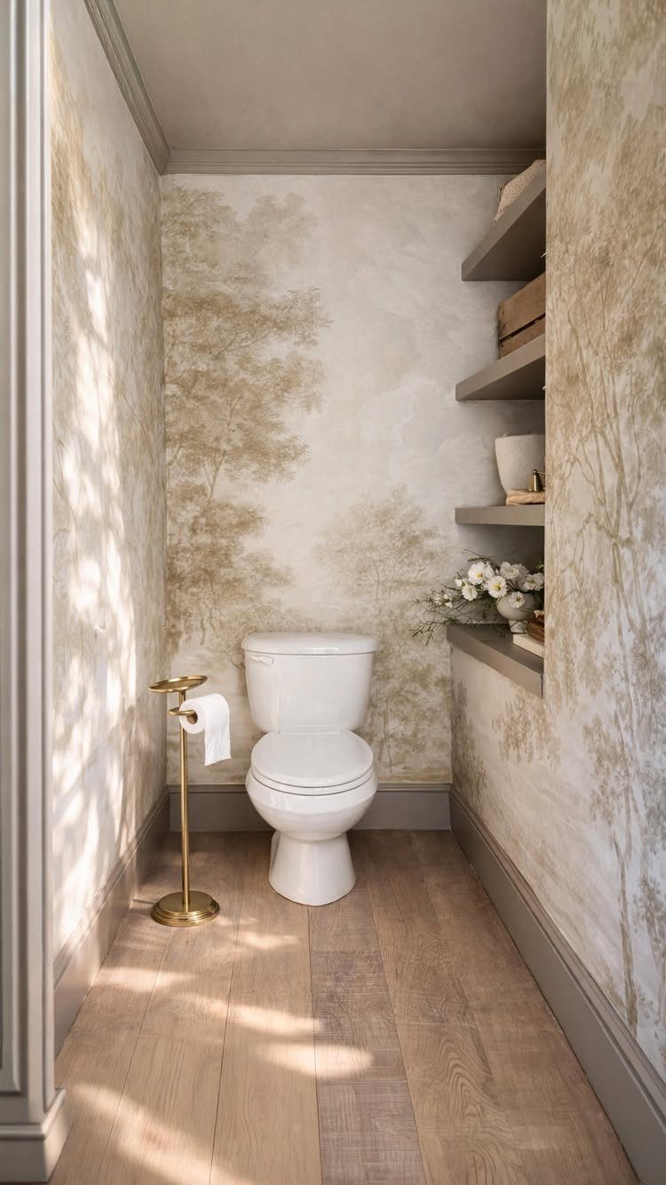 Wooden floating shelves holding decor items on a wallpapered bathroom wall next to a toilet.