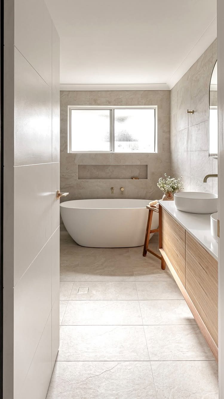 Large light grey tiles covering the floor and walls of a modern bathroom.