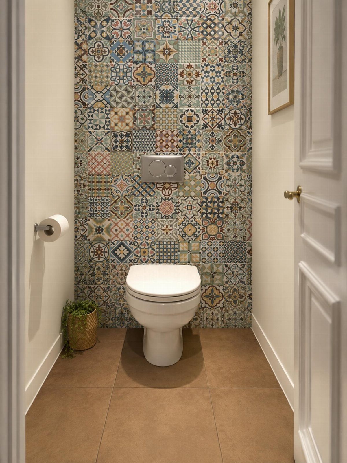 A toilet positioned against a wall decorated with colorful geometric patterned tiles.