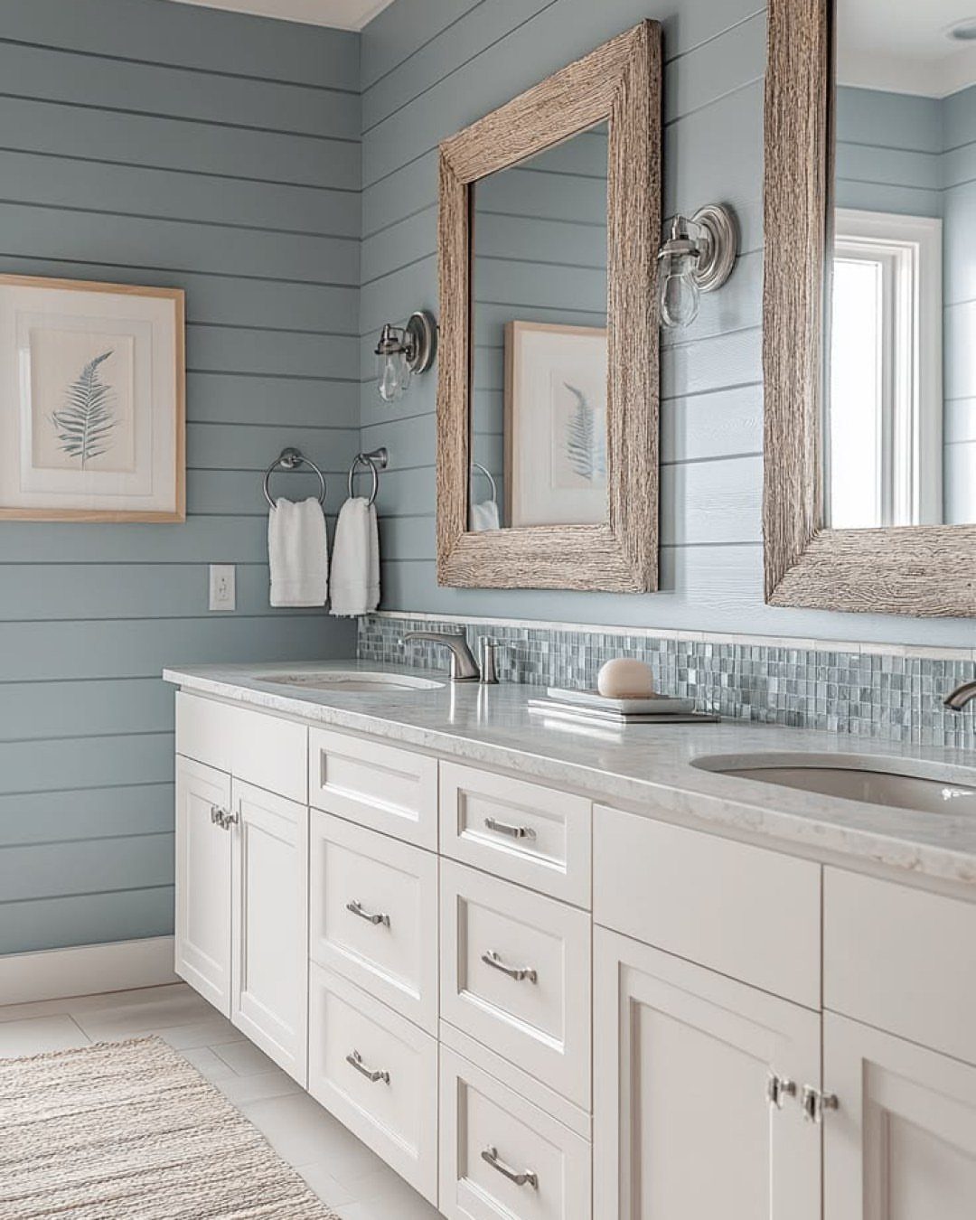 Light blue horizontal wood paneling on a bathroom wall above a white vanity.