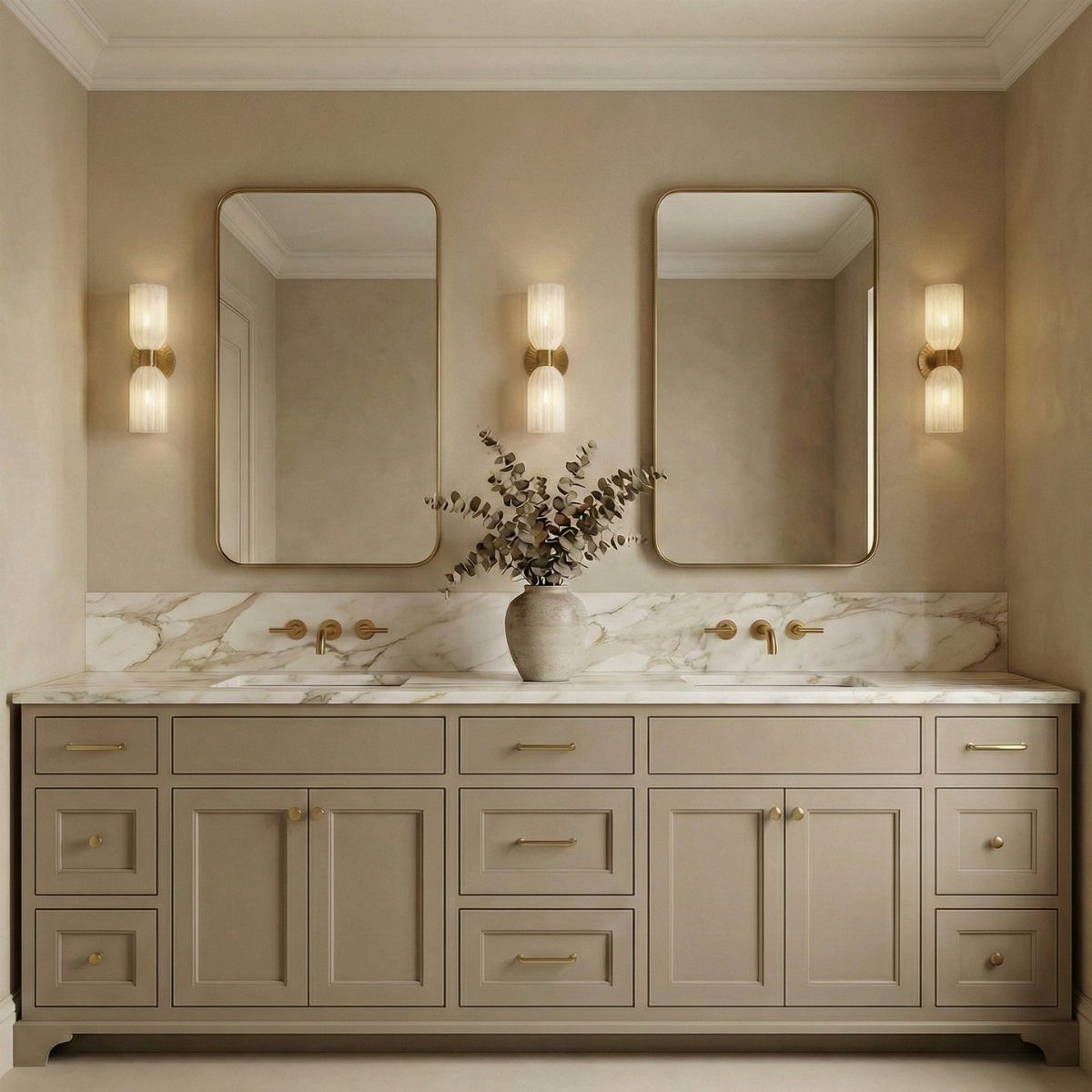 Double vanity with beige cabinets, marble backsplash, arched mirrors, and glowing wall sconces.