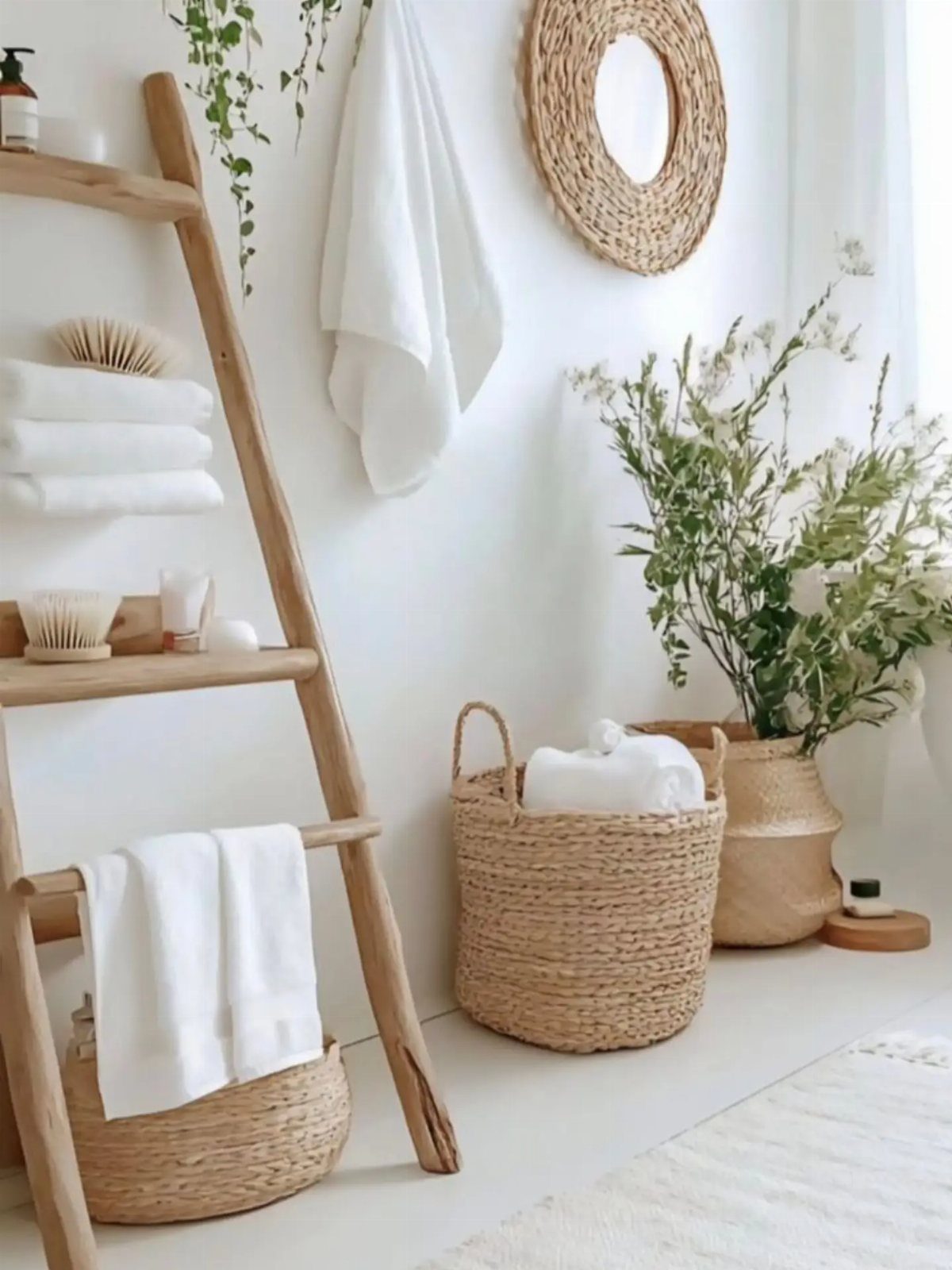 A wooden towel ladder with white towels and brushes leaning against a white wall.