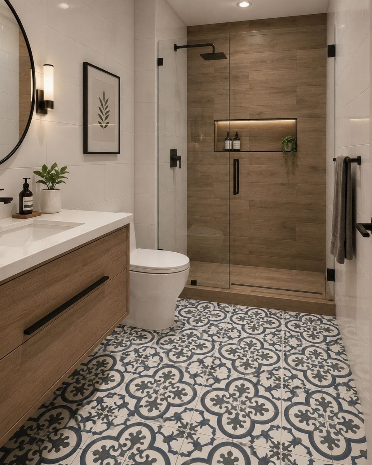 Modern bathroom with wood-look tiles in the shower and patterned floor tiles.