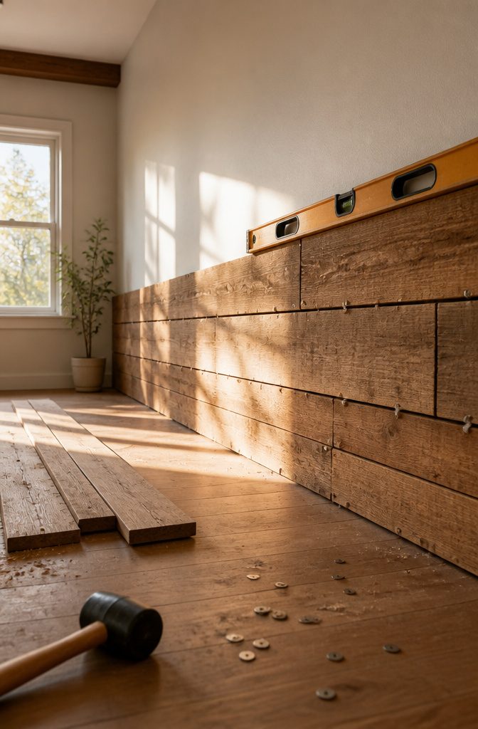 How to Install a DIY Plank Wall in 10 Steps 7 Continue with Spacers and Staggered Seams