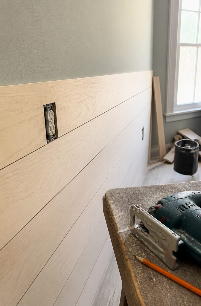 How to Install a DIY Plank Wall in 10 Steps 8 Cut Around Outlets and Switches