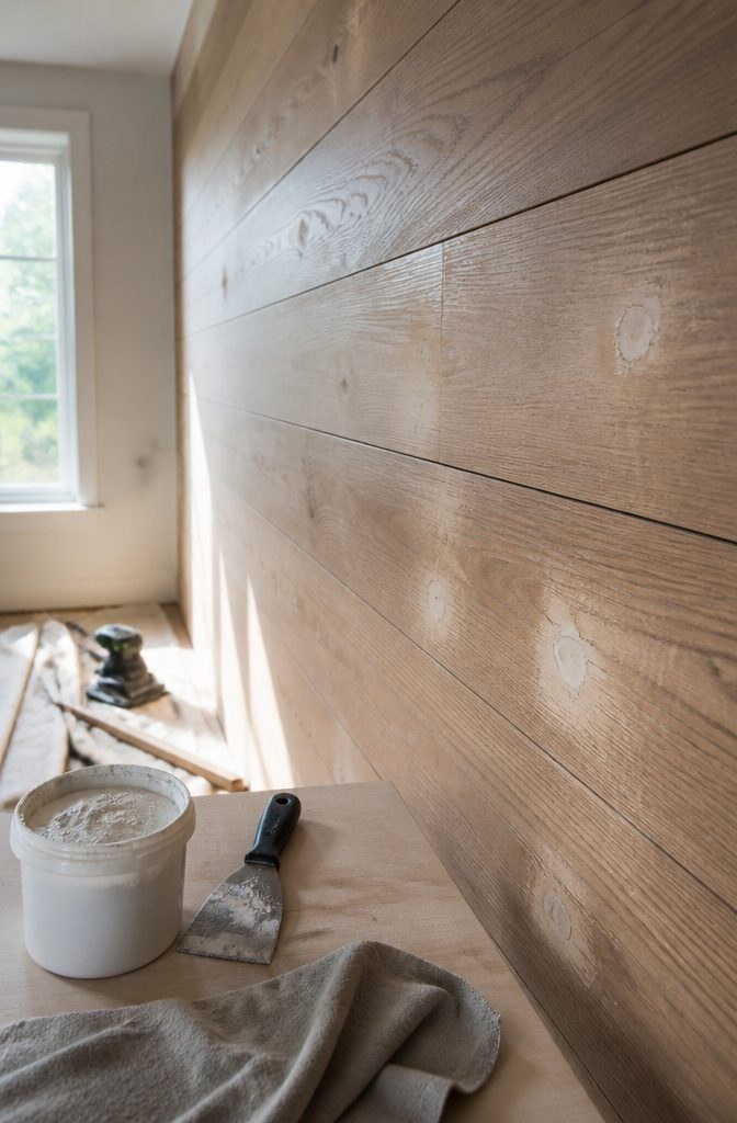 How to Install a DIY Plank Wall in 10 Steps 9 Fill and Sand the Nail Holes