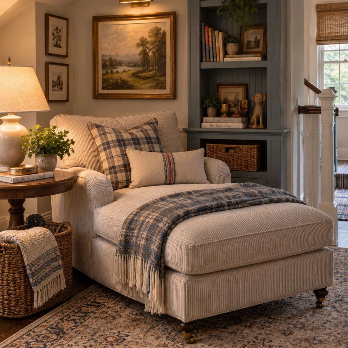 A cream upholstered chaise lounge with plaid pillows and a blue throw in a cozy corner.