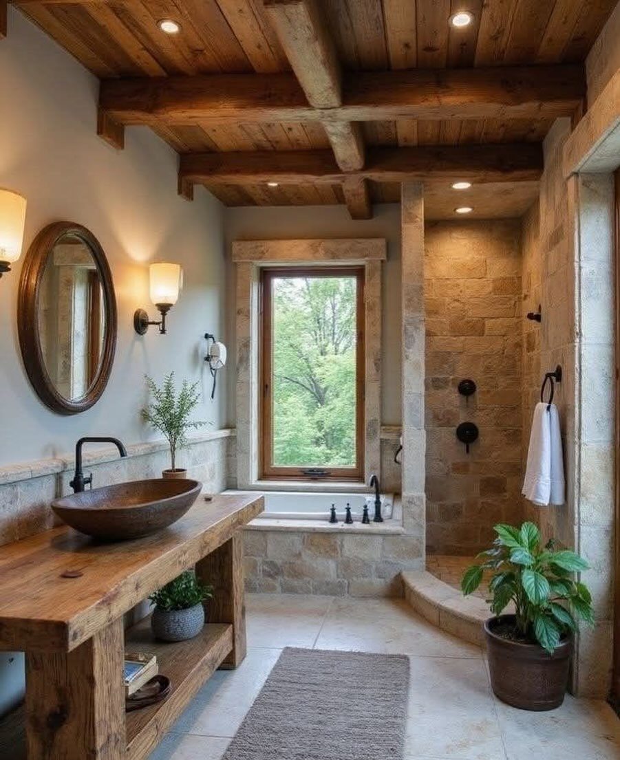 A rustic farmhouse bathroom with a wooden vanity, stone sink, bathtub, and walk-in shower.