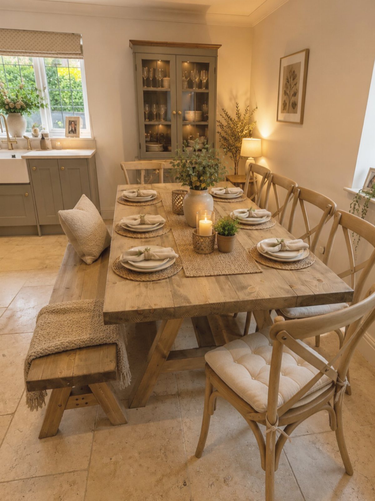 A long weathered wood dining table set with white plates and candles in a bright room.