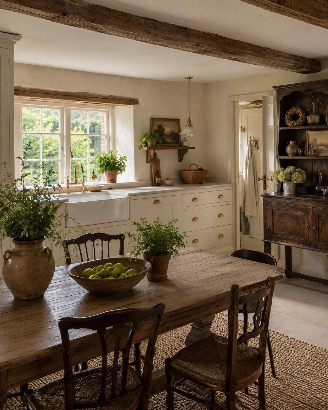 White kitchen cabinets with a farmhouse sink and a rustic wooden dining table in a cozy room.