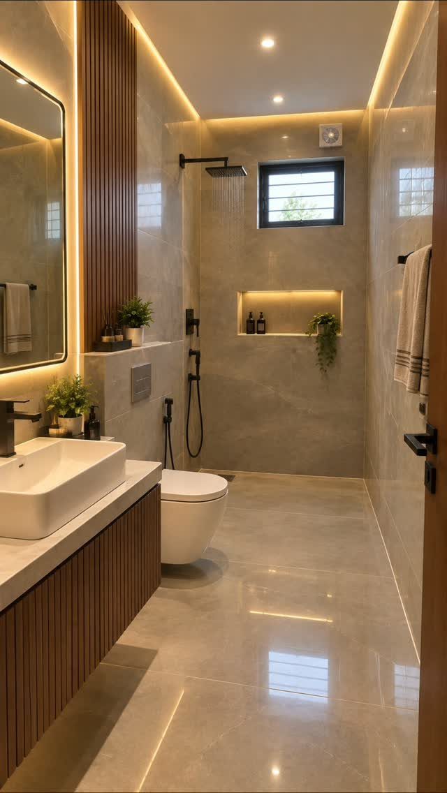 Polished beige tiles covering the floor of a modern, minimalist small bathroom.