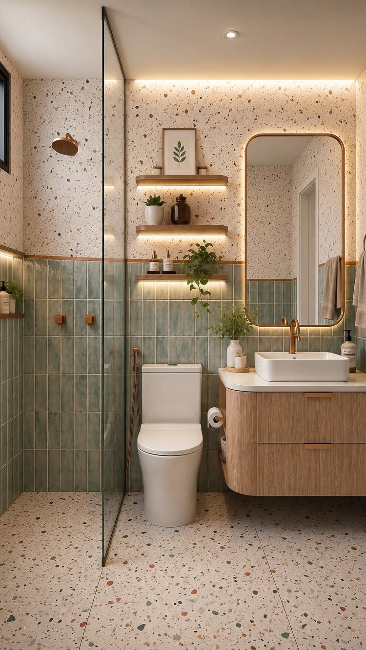 Terrazzo flooring with multicolored flecks in a modern bathroom with green tiles and wooden vanity.