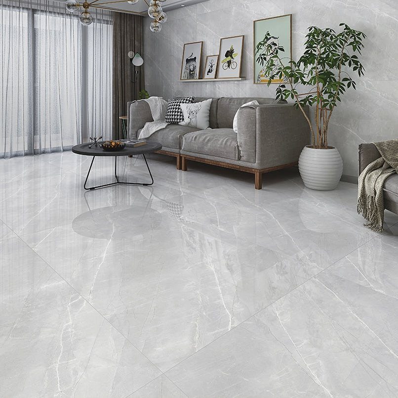 Grey marble-effect floor tiles in a modern living room with a sofa and plant.