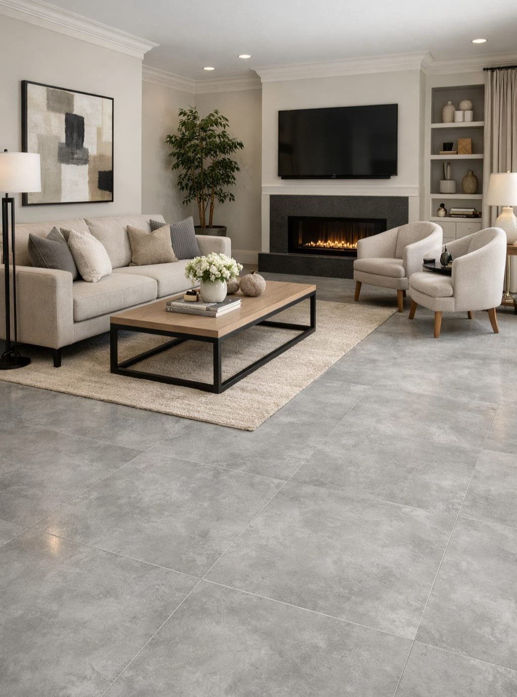 Grey tiled flooring in a modern living room with a beige sofa and wooden coffee table.