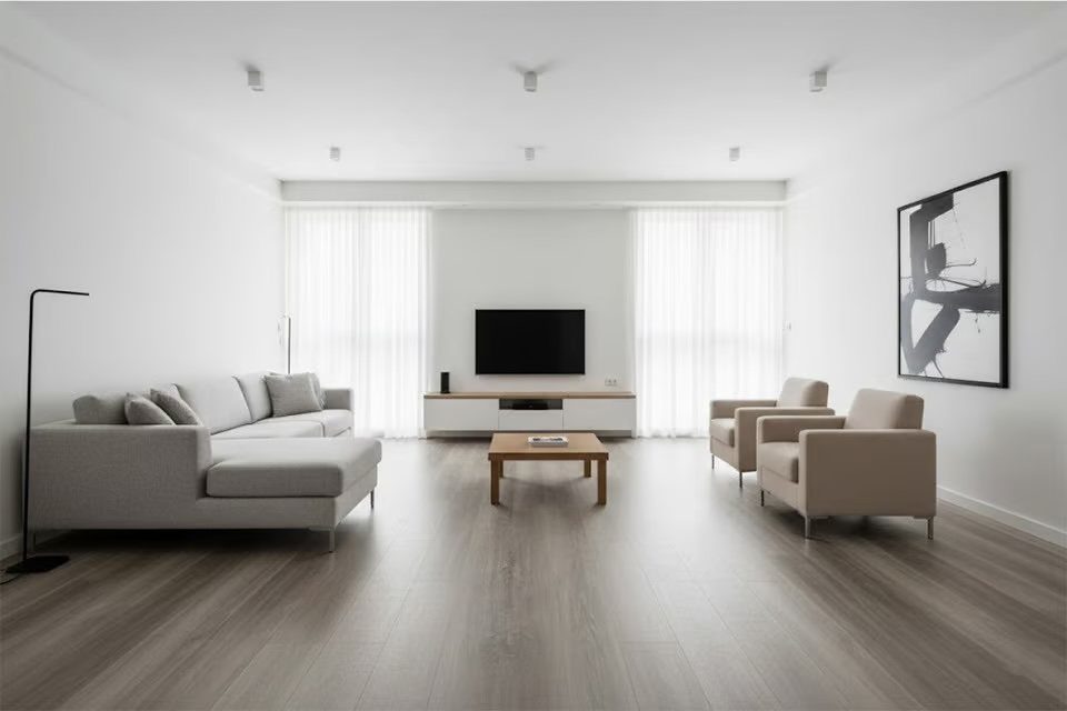 Grey wood flooring in a minimalist living room with a light sofa and wooden coffee table.