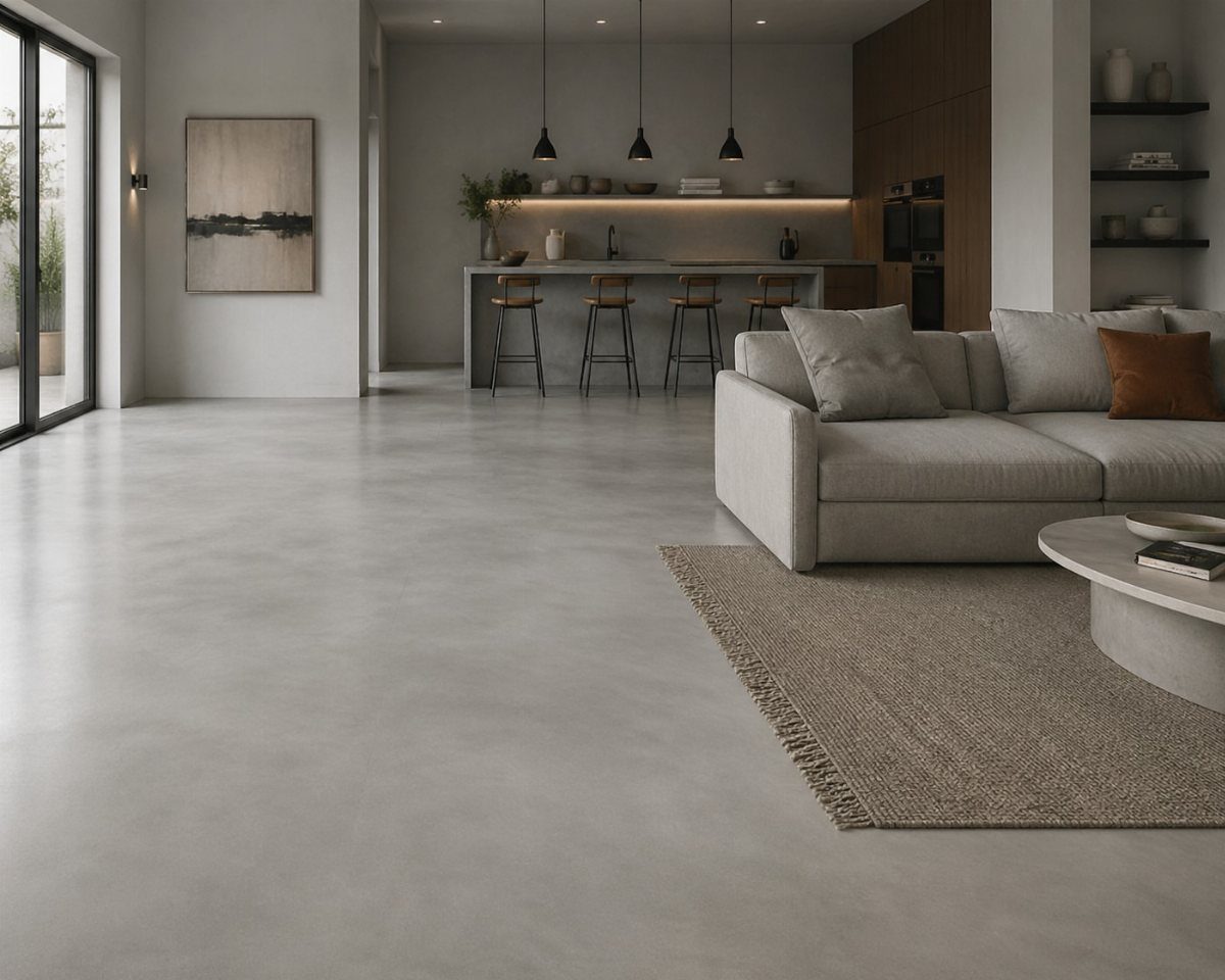 A textured beige natural fiber rug placed on a smooth grey concrete floor in a modern living room.