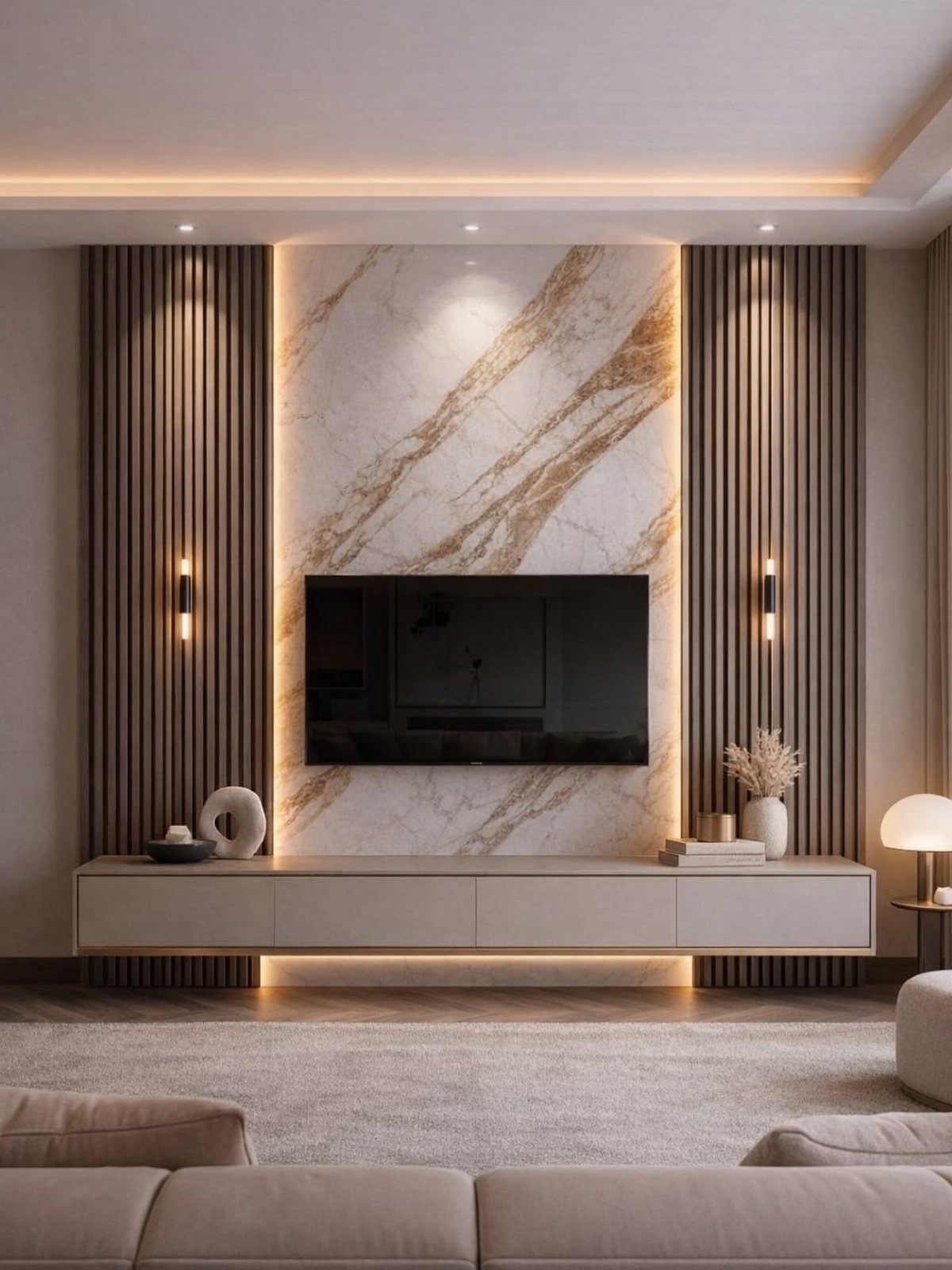 Vertical wood slat walls flanking a marble television feature wall in a modern living room.