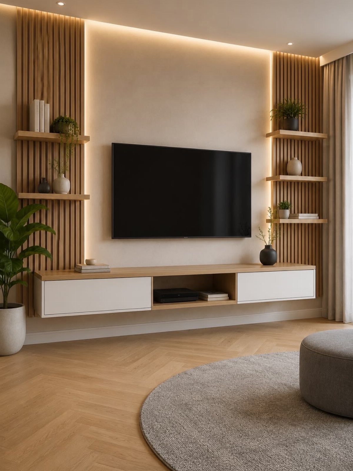 Interior Wall Design: 5 Rooms That Climb Off the Surface 2 A modern living room with a large TV mounted between vertical wood slat panels and floating shelves.