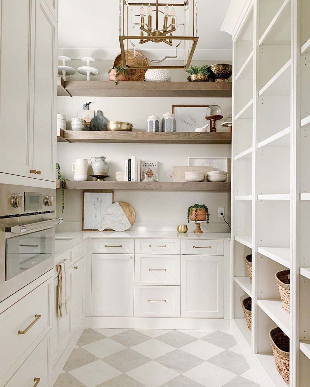 Kitchen Flooring for White Cabinets: 11 Ideas That Actually Work 11 White kitchen cabinets with wooden shelves and a grey and white diamond patterned floor.