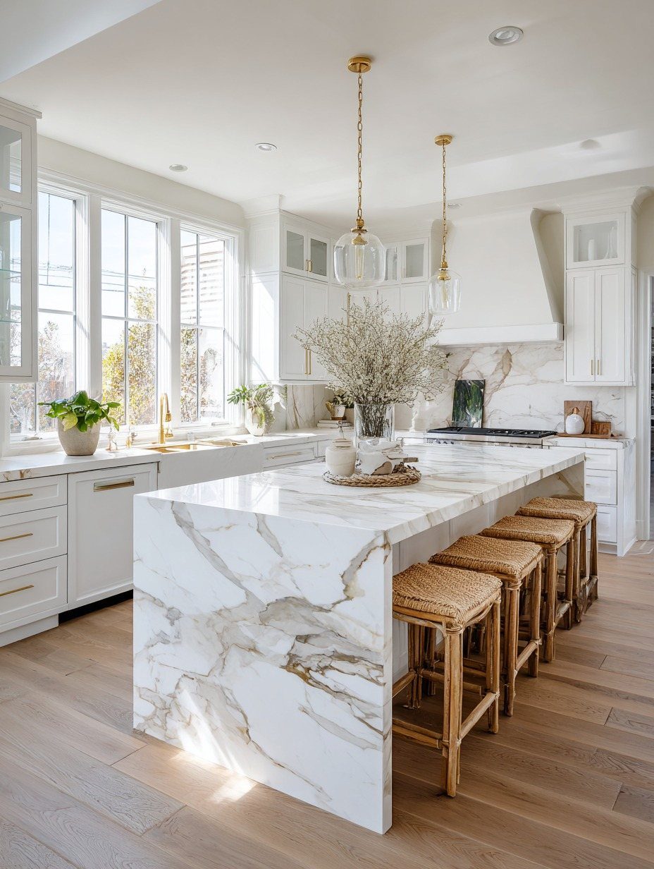 Kitchen Flooring for White Cabinets: 11 Ideas That Actually Work 9 Modern kitchen with white cabinets, a marble waterfall island, and light wood flooring.