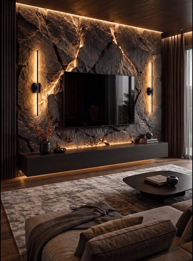 Textured stone accent wall with warm integrated LED lighting behind a mounted television in a dark living room.