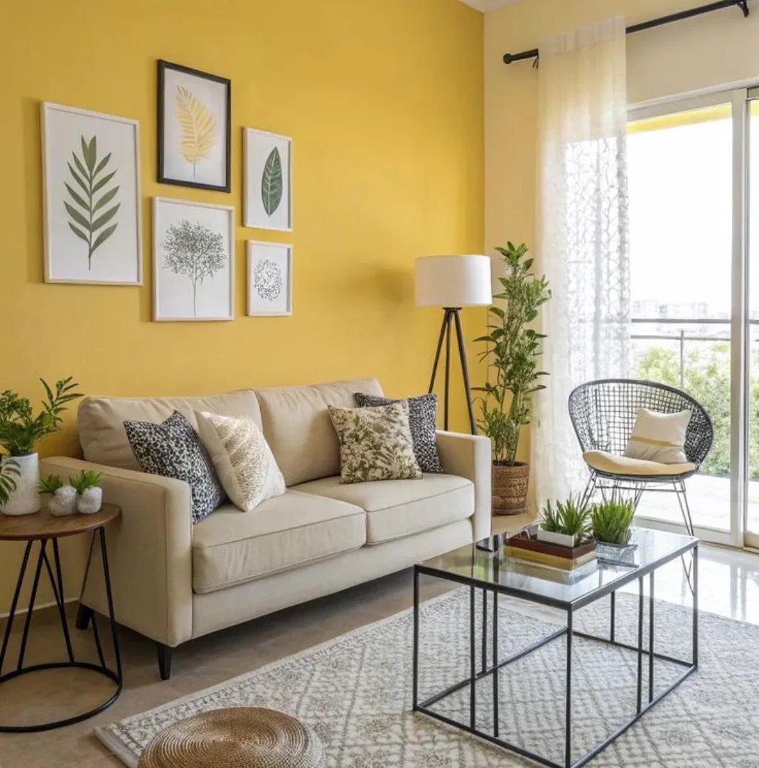 A cream sofa sits against a vibrant mustard yellow accent wall with botanical art.