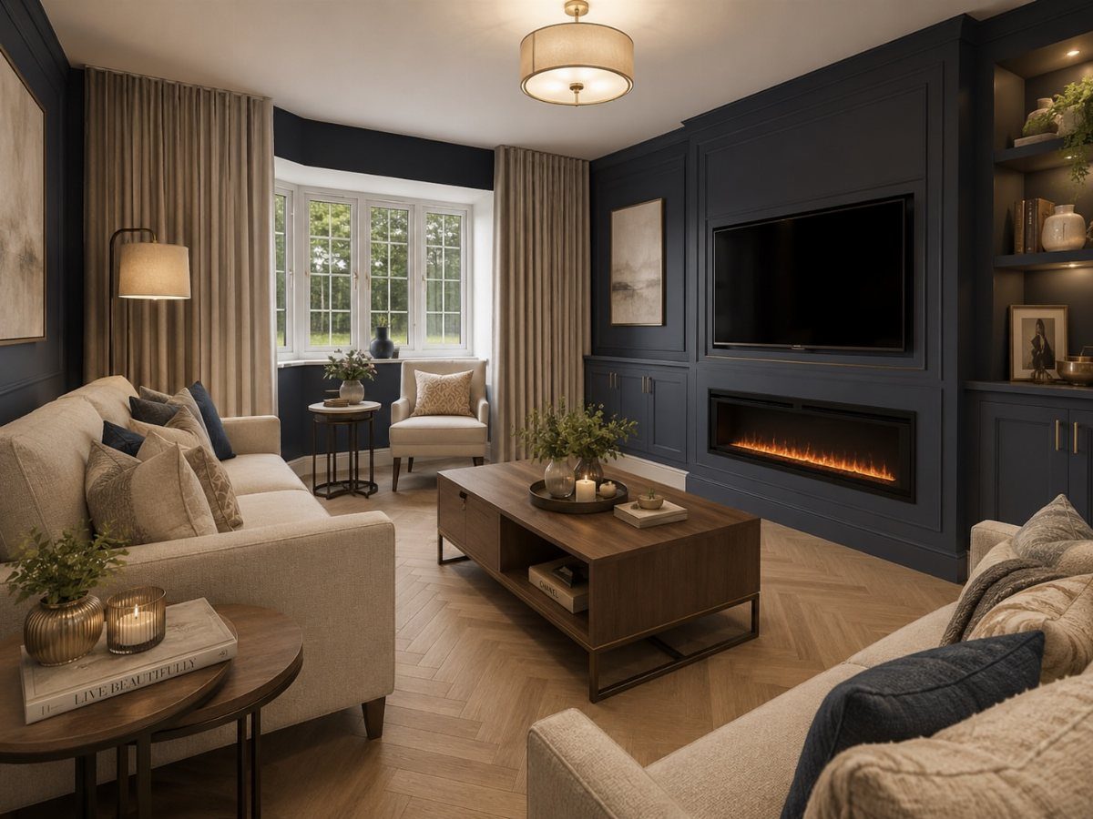 A living room with a deep navy blue accent wall, built-in fireplace, and beige sofas.