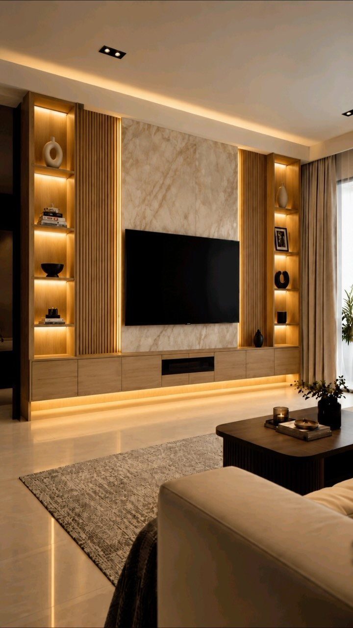 Modern living room with a television mounted on a marble wall flanked by wooden slats and lit shelves.