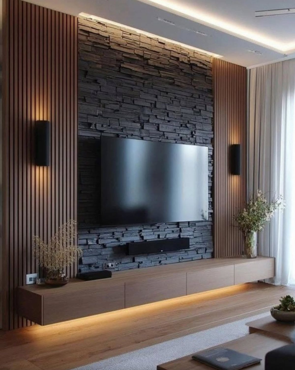 Dark stone textured wall flanked by vertical wooden slats and a floating wooden console.