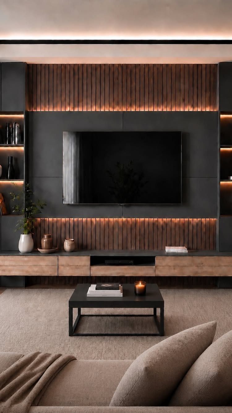 Modern entertainment wall with dark grey panels, wood slats, and integrated warm LED lighting.
