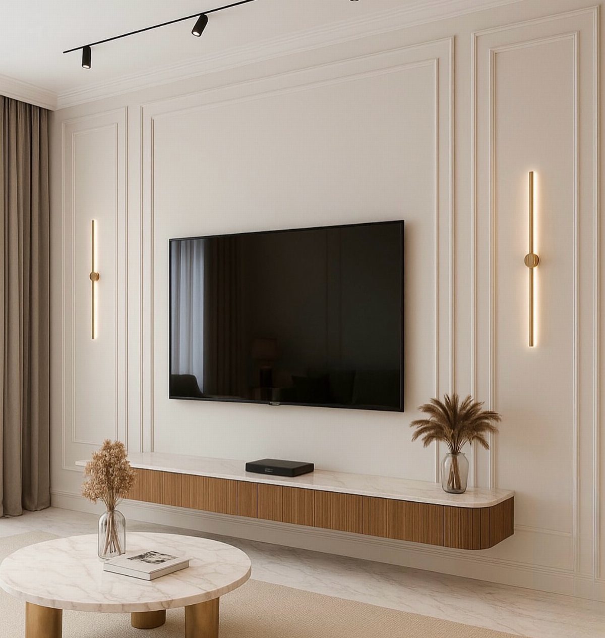 A long wooden floating media console mounted on a white paneled wall below a television.