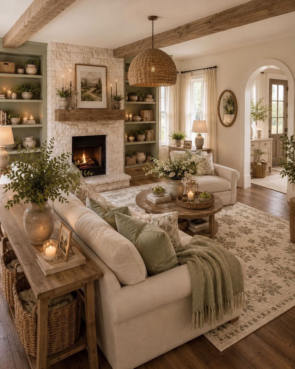 A cozy living room with a stone fireplace, built-in green shelves, and a white sofa.