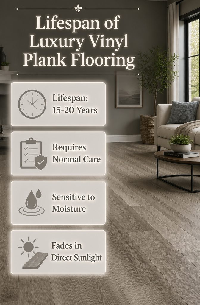 Information graphic on lifespan of luxury vinyl plank flooring.