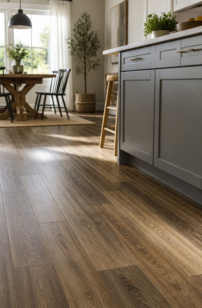 Warmly lit kitchen showcasing luxury vinyl plank flooring.