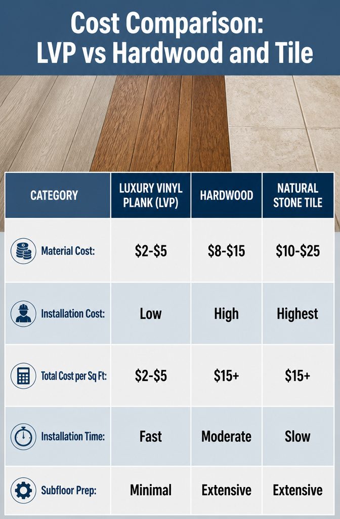 Chart comparing costs of luxury vinyl plank, hardwood, and tile flooring.