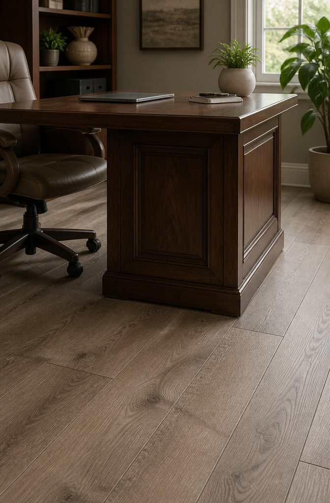 Luxury vinyl plank flooring showing a dent from a dropped tool.