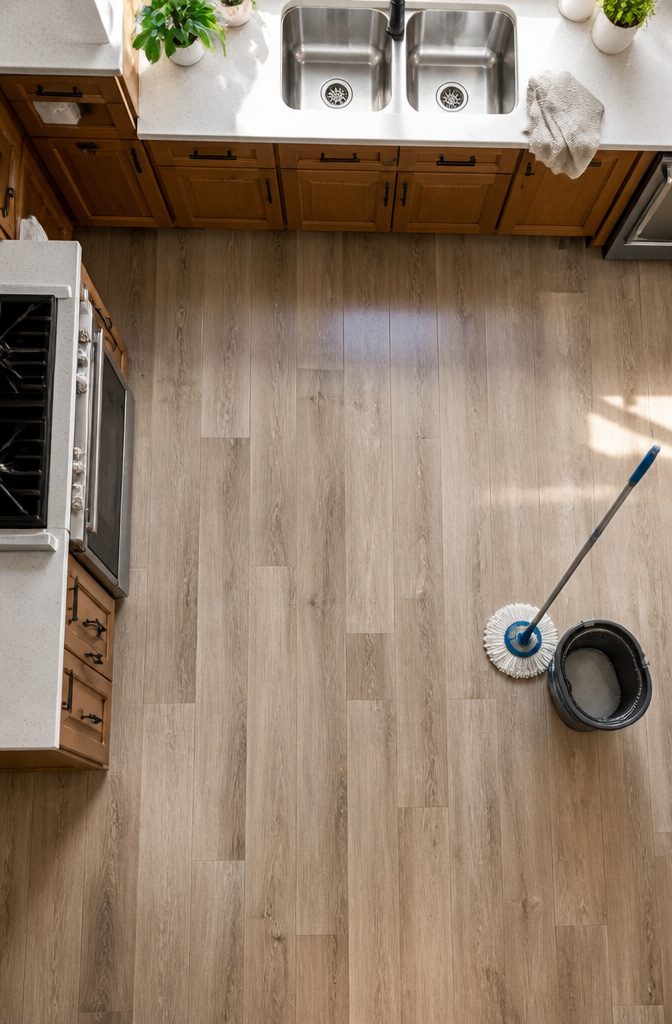 Mopping luxury vinyl plank flooring with warm water and vinegar.