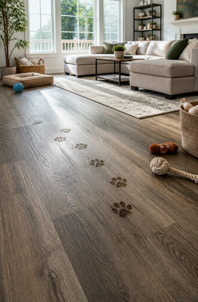 Living room featuring luxury vinyl plank flooring with visible paw prints.