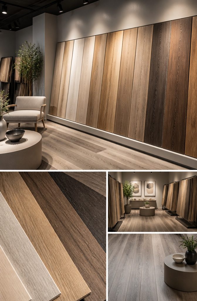 Close-up of embossed luxury vinyl plank flooring.