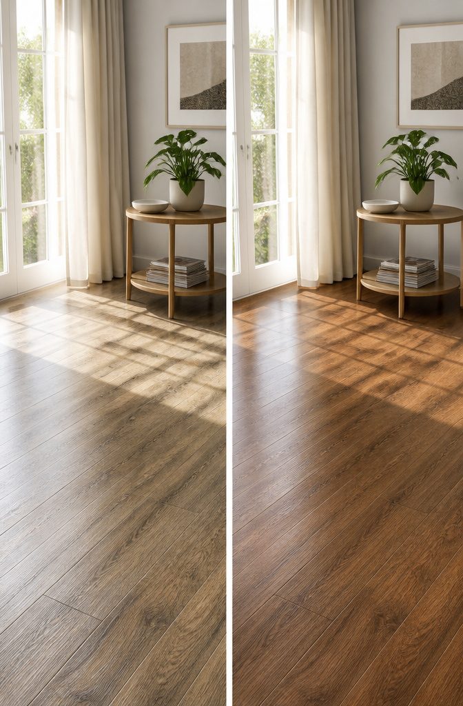 Brightly lit room with luxury vinyl plank flooring at risk of fading.