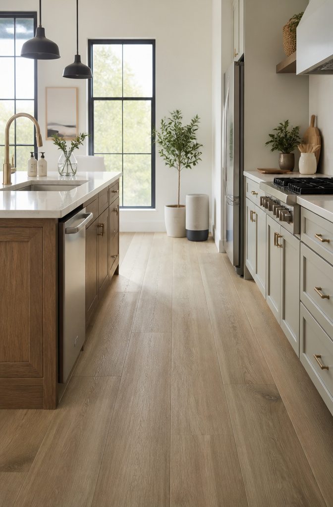 Pristine kitchen with luxury vinyl plank flooring and air purifying elements.